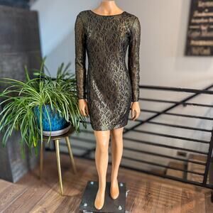 Cynthia Steffe Lydia Foiled Lace Mini Dress Black Gold Metallic Long Sleeve - 8